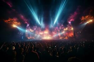 Ai generative Crowded Concert Stage Scenery With Spotlights and Colored Lights realistic image, ultra hd photo