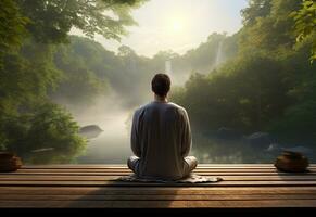 ai generative photo of a man practicing mindfulness and meditation in a peaceful natural environment sony A7s realistic image, ultra hd, high design very detailed