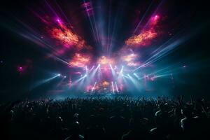 Ai generative Crowded Concert Stage Scenery With Spotlights and Colored Lights realistic image, ultra hd photo