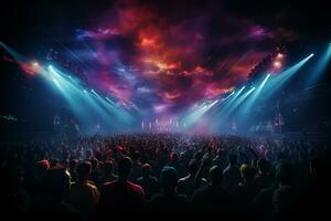 Ai generative Crowded Concert Stage Scenery With Spotlights and Colored Lights realistic image, ultra hd photo