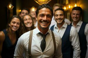 Ai Generative group of happy business man and business women, dressed in suits are smiling, in the office photo