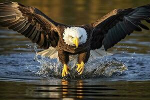 Fishing Bald Eagle, a bald eagle facing camera catches a fish out of the water, in the style of National Geographic contest winner, super telephoto close up. AI Generative photo