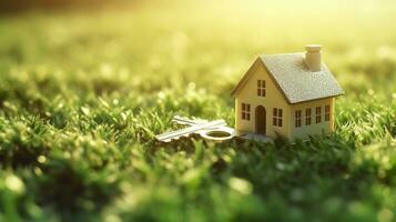Copy space of home. Small model home on green grass with sunlight. AI Generative photo