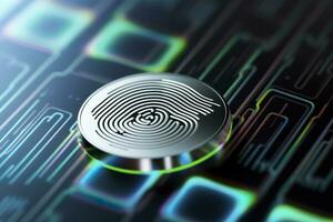 Fingerprint Authentication Button. Biometric Security. Identification and cyber security concept. Glowing neon fingerprint on dark background. AI Generative photo