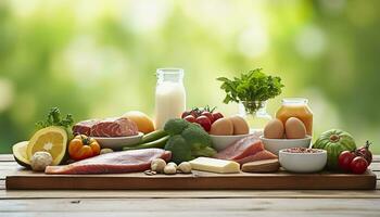 Closeup of vegetables, fruits, and meat on wooden table over green natural background. Generative AI photo