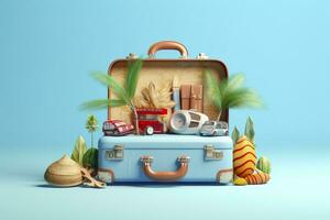 Creative Summer Beach Composition in Suitcase on Blue Background, A Travel Concept Idea in 3D Rendering. AI Generative photo