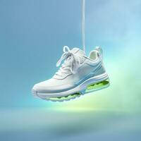 A white, blue, and green casual shoe is suspended in the air, in the style of hazy, dreamlike quality, AI Generative photo