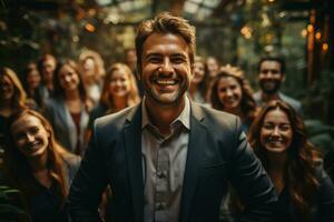 ai generativo grupo de contento negocio hombre y negocio mujer, vestido en trajes son sonriente, en el oficina foto