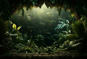 Ai Generative Beautiful jungle background with border made of tropical leaves backdrop with copy space photo