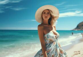 Ai generative young tourist woman in summer dress and hat standing on beautiful sandy beach. Cute girl enjoying photo