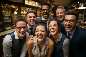 Ai Generative group of happy business man and business women, dressed in suits are smiling, in the office photo