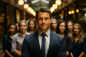 ai generativo grupo de contento negocio hombre y negocio mujer, vestido en trajes son sonriente, en el oficina foto