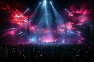 Ai generative Crowded Concert Stage Scenery With Spotlights and Colored Lights realistic image, ultra hd photo