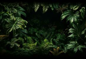 Ai Generative Beautiful jungle background with border made of tropical leaves backdrop with copy space photo