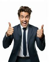 Ai generative photo business concept portrait of excited man dressed in formal wear giving thumbs up