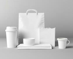 Blank bag, coffee mug, and cup on a light background. Generative AI photo