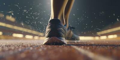 Runner feet running on a stadium, closeup on feet, sports background, space for copy, AI Generative photo