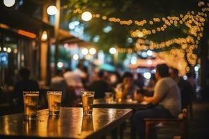 Bokeh background of Street Bar beer restaurant, outdoors in Asia, AI Generative photo