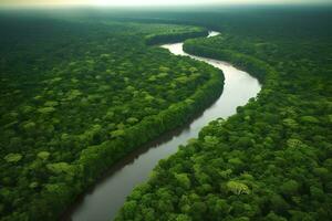 Aerial view of the Amazonas jungle landscape with river bend. Generative AI photo