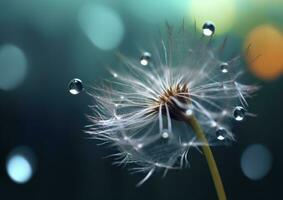 Beautiful dew drops on a dandelion seed macro. Beautiful blue background. Generative AI photo