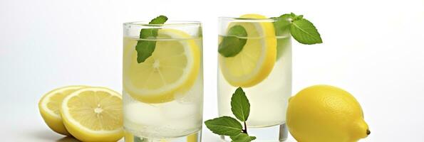 Lemonade in a glass with fresh lemons and mint. Cold summer drink with copy space. Generative AI photo