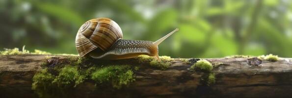 A Journey Through the Forest. Close-up of a Snail in the Forest with Natural Background. AI Generative photo
