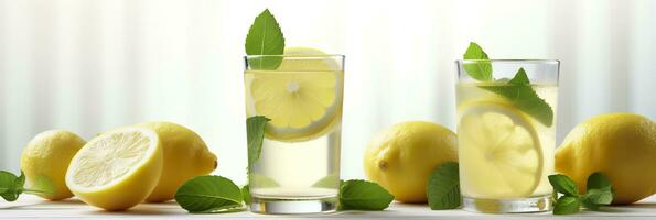 Lemonade in a glass with fresh lemons and mint. Cold summer drink with copy space. Generative AI photo