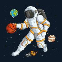 Hand drawn Basketball astronaut in spacesuit doing dribbling move over space rocket and planets vector