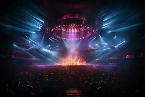 Ai generative Crowded Concert Stage Scenery With Spotlights and Colored Lights realistic image, ultra hd photo