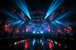 Ai generative Crowded Concert Stage Scenery With Spotlights and Colored Lights realistic image, ultra hd photo