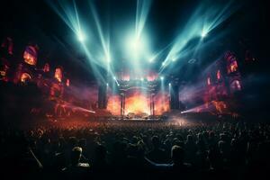 Ai generative Crowded Concert Stage Scenery With Spotlights and Colored Lights realistic image, ultra hd photo