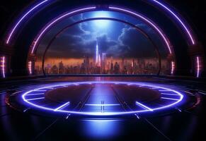 Ai Generative Neon illuminated futuristic backdrop realistic image, ultra hd, high design very detailed photo