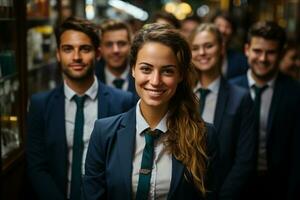 ai generativo grupo de contento negocio hombre y negocio mujer, vestido en trajes son sonriente, en el oficina foto