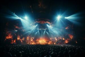 Ai generative Crowded Concert Stage Scenery With Spotlights and Colored Lights realistic image, ultra hd photo