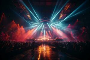 Ai generative Crowded Concert Stage Scenery With Spotlights and Colored Lights realistic image, ultra hd photo