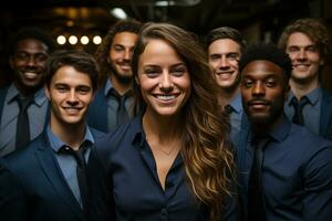 ai generativo grupo de contento negocio hombre y negocio mujer, vestido en trajes son sonriente, en el oficina foto