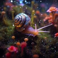 iridiscente caracol en un hada bosque, cerca arriba de un reluciente caparazón. ai generativo foto