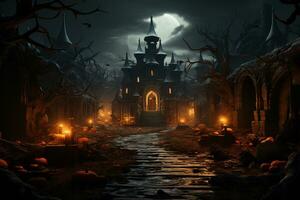 Halloween background with pumpkins and haunted house - 3D render. Halloween background photo