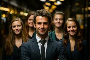 ai generativo grupo de contento negocio hombre y negocio mujer, vestido en trajes son sonriente, en el oficina foto