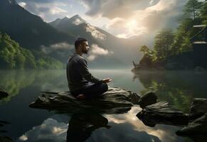 ai generativo foto de un hombre practicando atención plena y meditación en un pacífico natural ambiente sony a7s realista imagen, ultra alta definición, alto diseño muy detallado