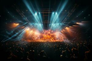 Ai generative Crowded Concert Stage Scenery With Spotlights and Colored Lights realistic image, ultra hd photo