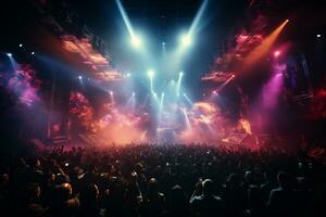 Ai generative Crowded Concert Stage Scenery With Spotlights and Colored Lights realistic image, ultra hd photo