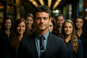 Ai Generative group of happy business man and business women, dressed in suits are smiling, in the office photo