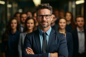 Ai Generative group of happy business man and business women, dressed in suits are smiling, in the office photo