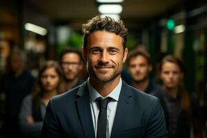 Ai Generative group of happy business man and business women, dressed in suits are smiling, in the office photo