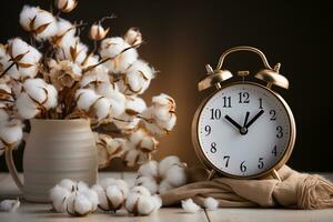 Clock and cotton banner for daylight saving, atop white wooden table AI Generated photo