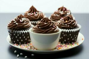 White background enhances the allure of a cup filled with chocolate cakes AI Generated photo