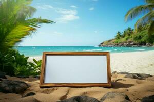 tropical paraíso hace señas palma forrado playa, azur mar, y blanco tablero para recuerdos ai generado foto