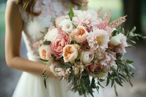 Fragrant beauty bride clutches David Austin bouquet, a floral delight in her hands AI Generated photo