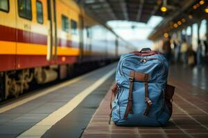 viaje concepto un viajero con un azul mochila, Scott camisa, sombrero, y equipaje a el tren estación ai generado foto